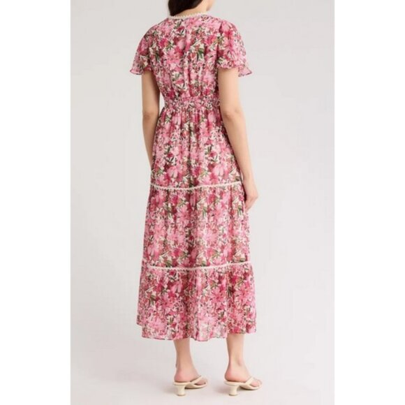 💕ANNE KLEIN💕 Floral Flutter Sleeve Tiered Maxi Dress ~ Carmine Rose 12 NWT - Picture 3 of 4